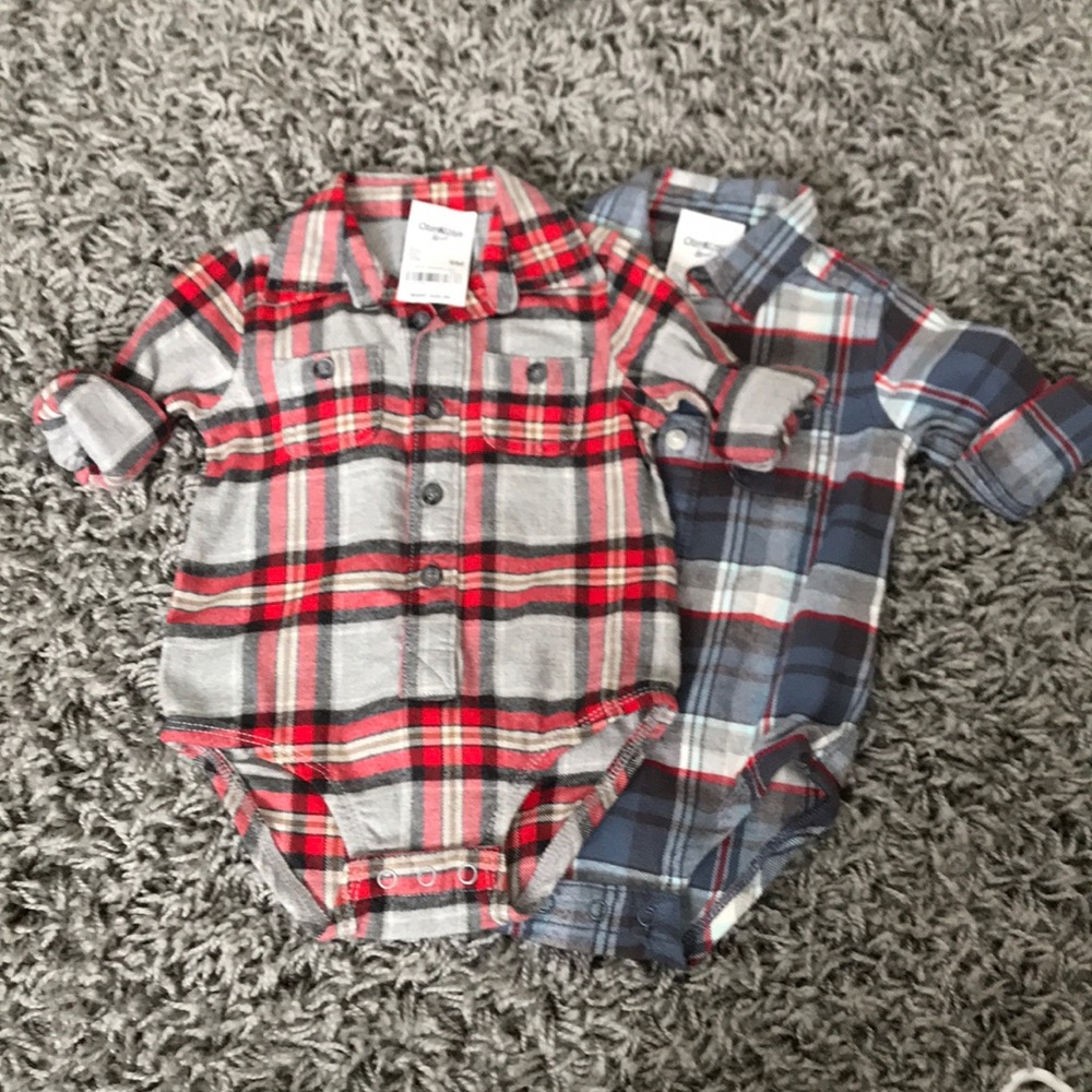 2 OshKosh flannel onesie shirts 9 month